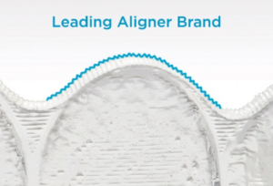 A Close up shot of a clear aligner with a blue squiqqly line to demonstrate rough edges of the aligner. Blue text above reads "Leading Aligner Brand"