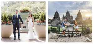 A photo of Dr. Philip and Dr. Kat from their wedding photoshoot is next to a photo od Dr. Philip and Dr. kat travelling abroad
