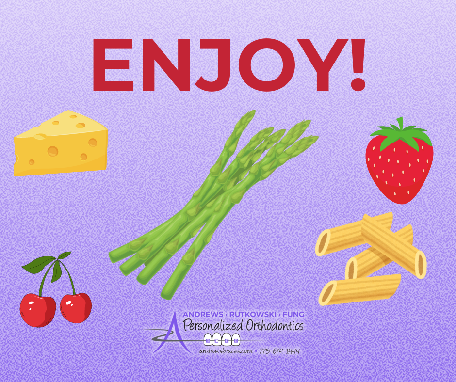 "Enjoy!" is shown in red text above clip art images of cheese, cherries, asparagus, a strawberry and penne noodles. The Andrews Braces logo is below.